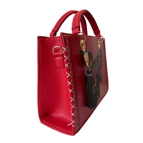 Tooled multicolored hummingbird on a vegan leather red satchel with make up bag - Picture 2 of 8